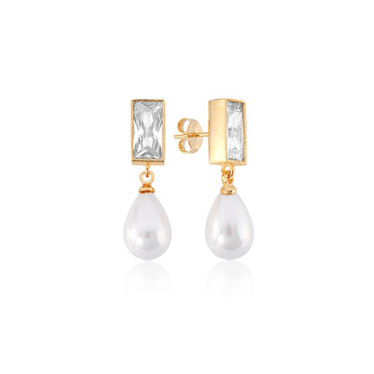 Brinco Gota de Pérola com Cristal Retangular Banho em Ouro 18k