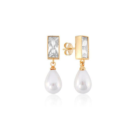 Brinco Gota de Pérola com Cristal Retangular Banho em Ouro 18k
