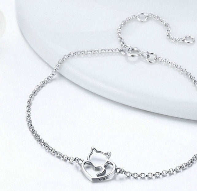 Pulseira em Prata 925 Gatinho Coração