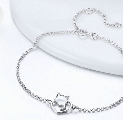Pulseira em Prata 925 Gatinho Coração