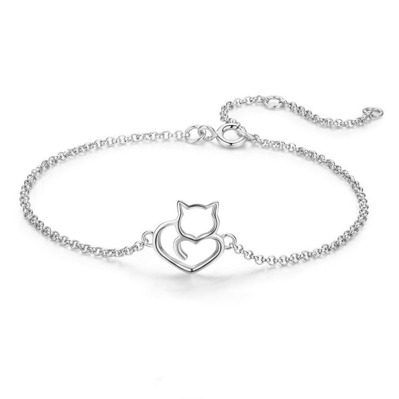 Pulseira em Prata 925 Gatinho Coração