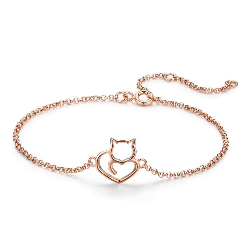 Pulseira em Prata 925 Gatinho Coração