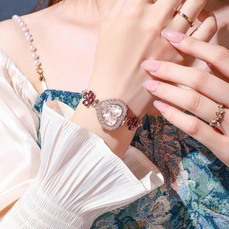 Requintado relógio de pulso feminino em forma de coração, pulseira quartzo sem caixa, moda