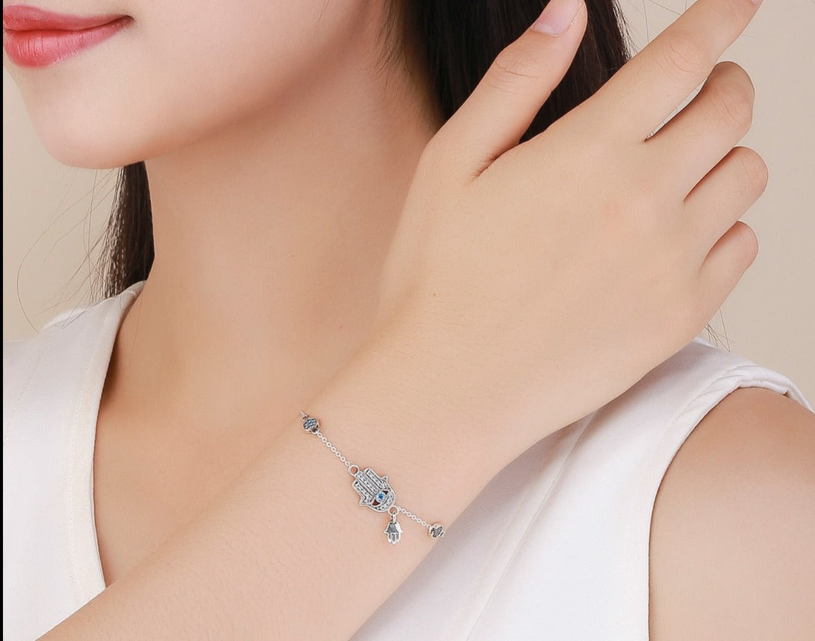 Pulseira em Prata 925 Mão de Fátima Olho Grego Zircônia