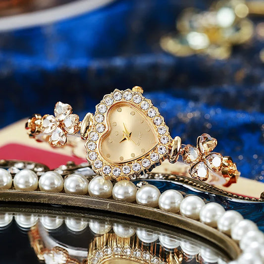 Requintado relógio de pulso feminino em forma de coração, pulseira quartzo sem caixa, moda